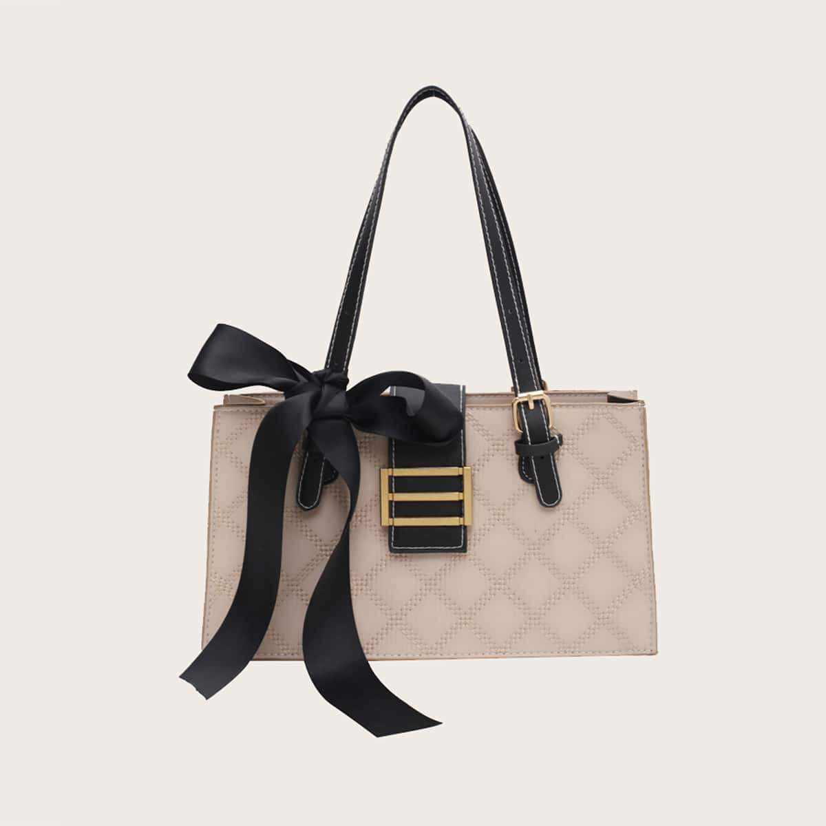 

Ribbon Decor Metal Buckle Shoulder Bag, Khaki