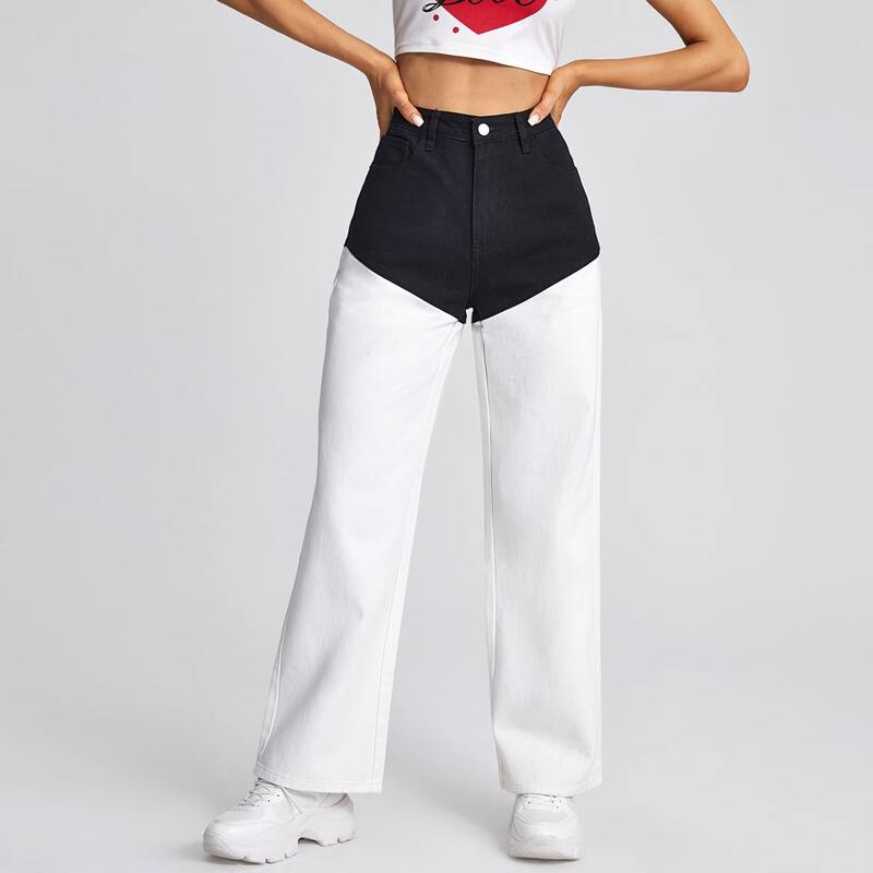 

Two Tone Straight Leg Jeans Without Chain, White