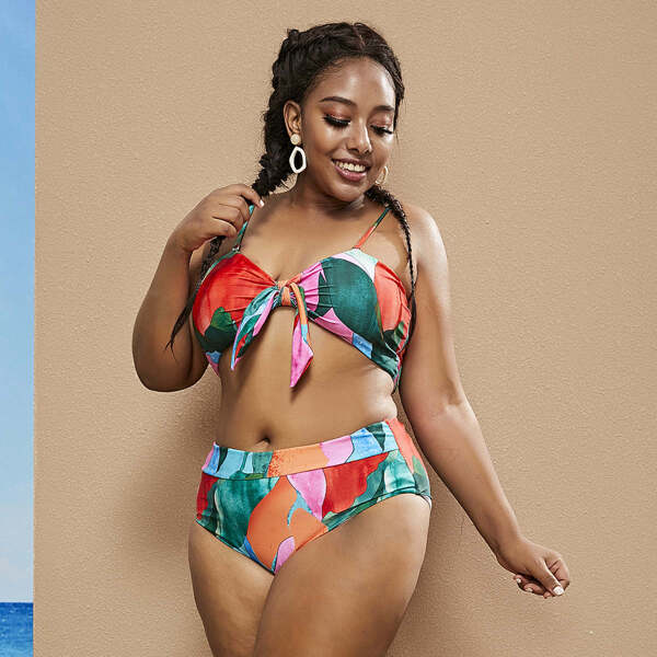 

Plus Allover Graphic Knot Front Bikini Swimsuit, Multicolor