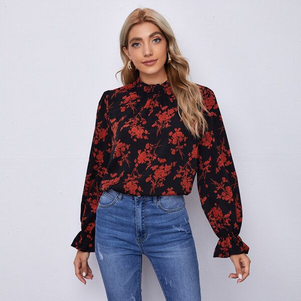 

All Over Floral Print Flounce Sleeve Blouse, Multicolor