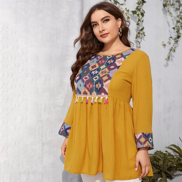 

Plus Contrast Argyle Panel Tassel Trim Peplum Blouse, Mustard yellow