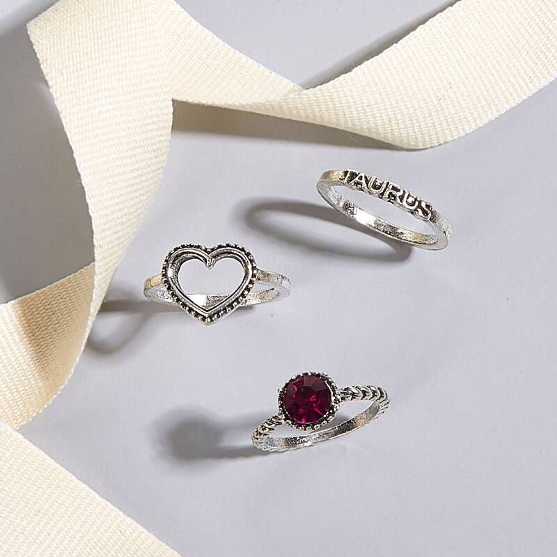 

3pcs Rhinestone Heart Ring, Silver