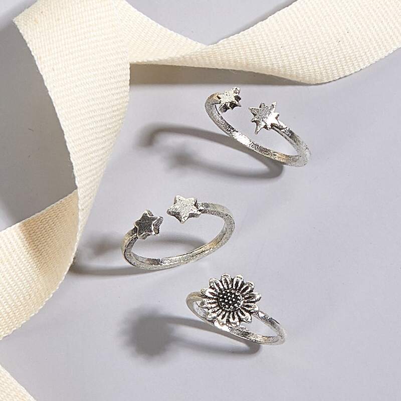 

3pcs Sunflower & Star Ring, Silver