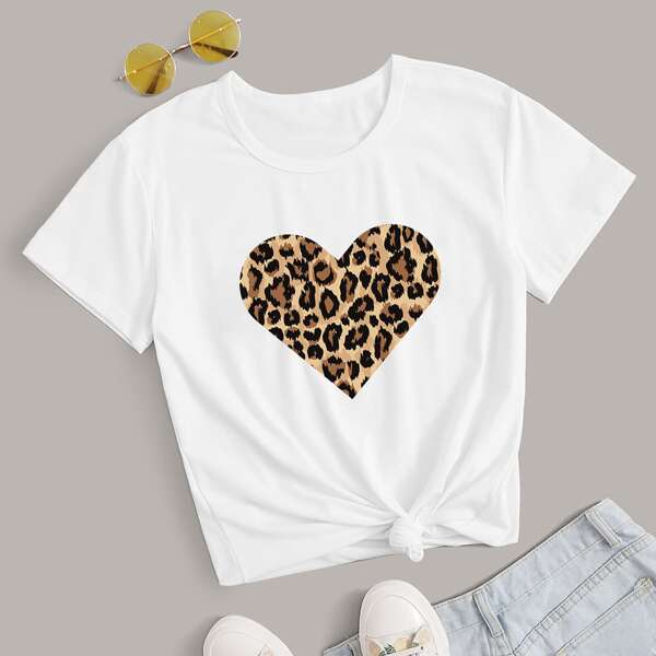 

Plus Leopard & Heart Print Tee, White