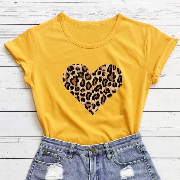 

Plus Leopard & Heart Print Tee, Yellow