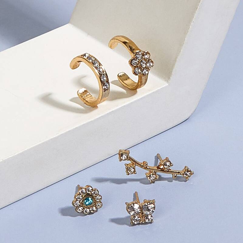 

5pcs Rhinestone Floral Earring Set, Gold