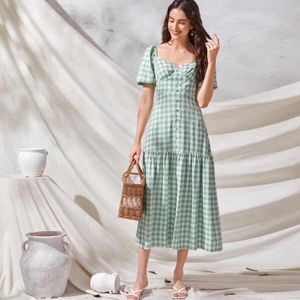 

Sweetheart Neck Ruffle Hem Gingham Dress, Mint green