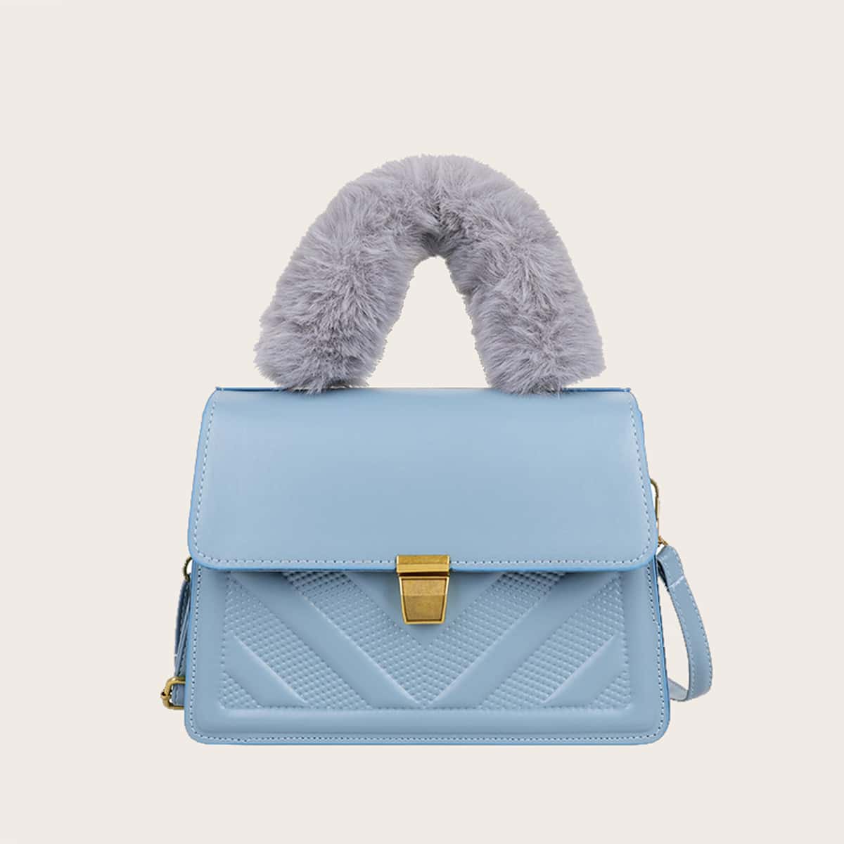 

Faux Fur Handle Flap Satchel Bag, Blue