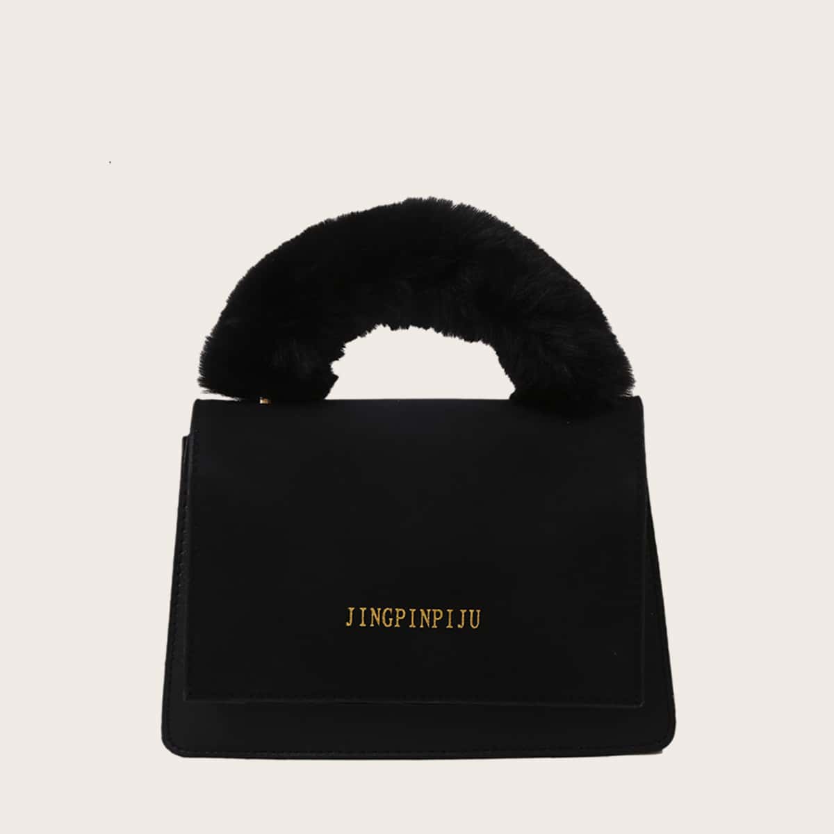 

Faux Fur Handle Flap Satchel Bag, Black