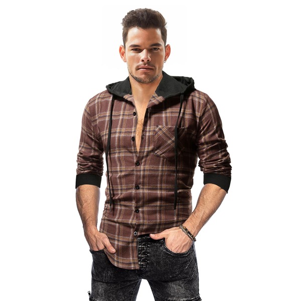 

Men Plaid Pocket Front Drawstring Hooded Shirt, Chocolate brown
