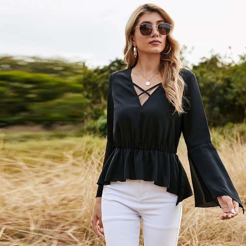 

Split Sleeve Ruffle Hem Criss Cross Detail Top, Black