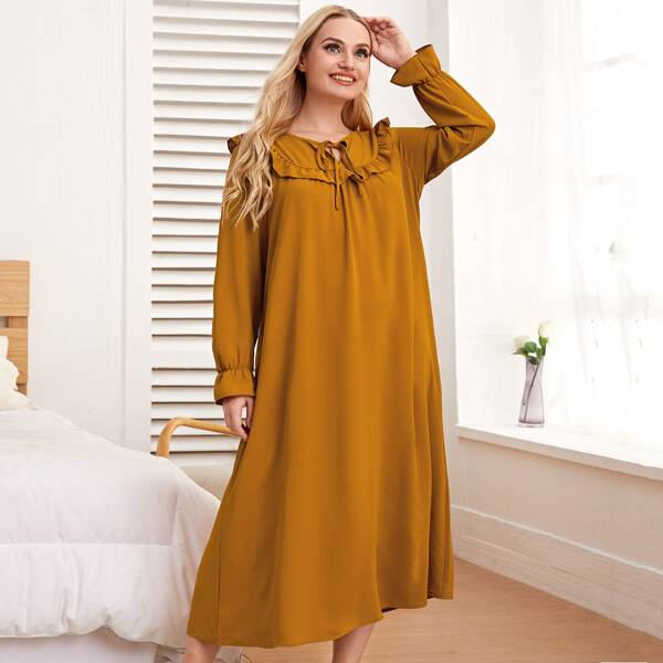 

Plus Solid Ruffle Trim Tie Neck Nightdress, Mustard yellow