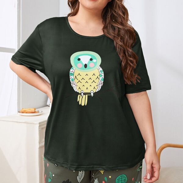 

Plus Cartoon Owl Print Sleep Top, Dark green