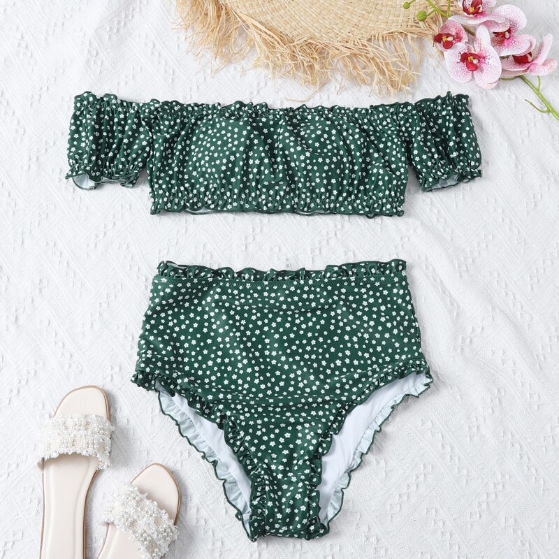 

Ditsy Floral Frill Bardot Bikini Swimsuit, Dark green