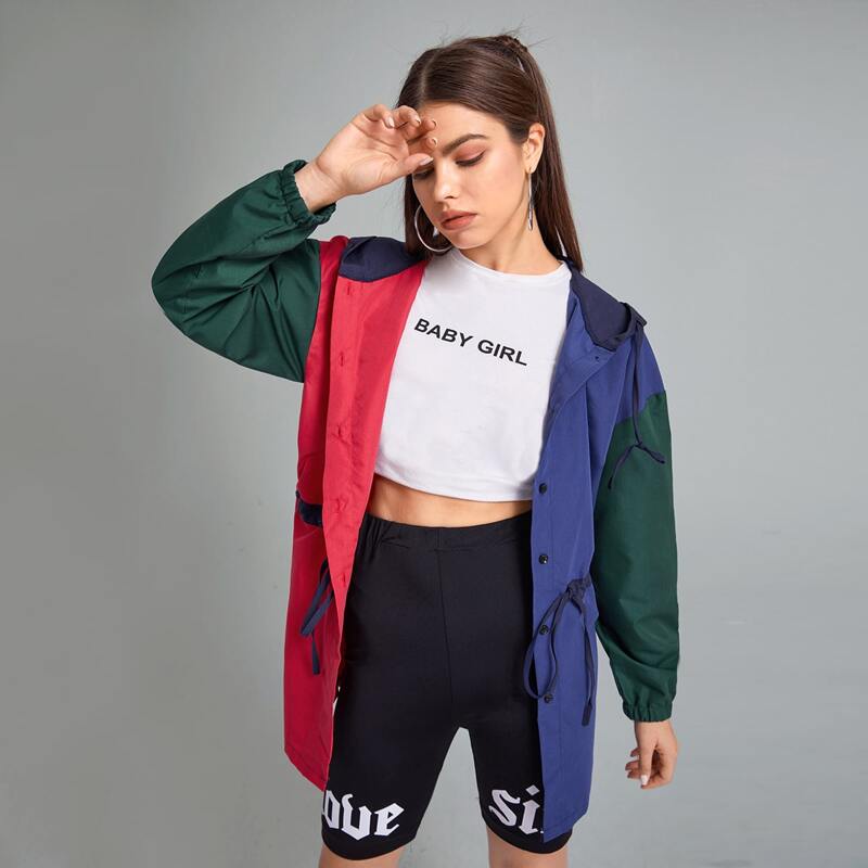 

Colorblock Button Front Drawstring Coat, Multicolor