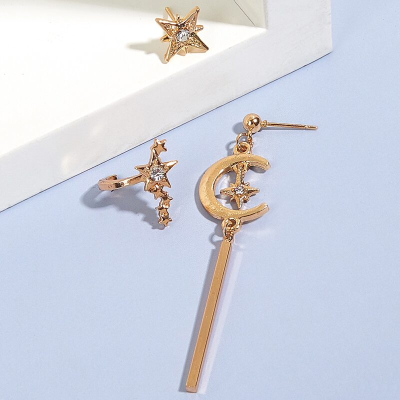 

3pcs Rhinestone Star & Moon Earring Set, Gold