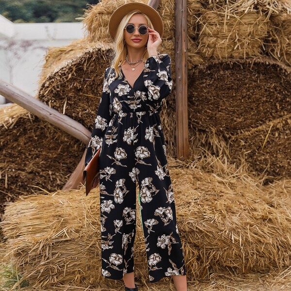 

Flower Print Cut Out Back Jumpsuit, Black