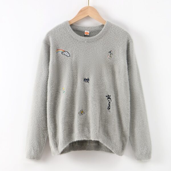 

Toddler Girls Cartoon Embroidered Fluffy Knit Sweater, Light grey