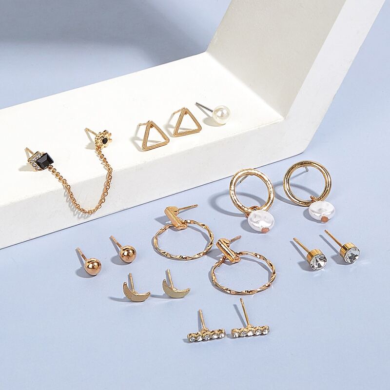 

16pcs Rhinestone Geo Earring Set, Gold