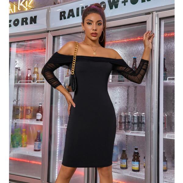 

Off Shoulder Ruched Mesh Sleeve Bodycon Dress, Black