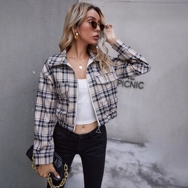 

Plaid Zip Up Crop Jacket, Multicolor