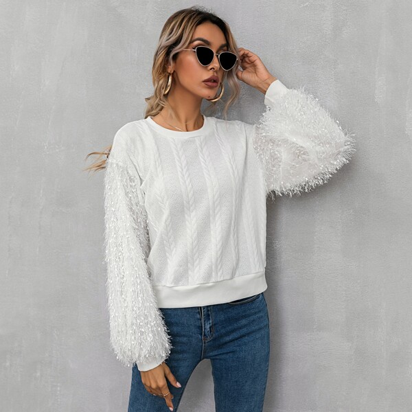 

Fringe Sleeve Solid Sweatshirt, White