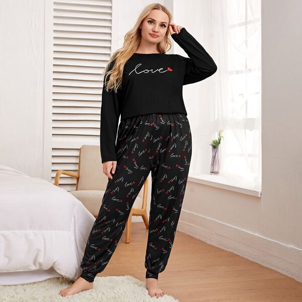 

Plus Letter And Heart Print Pajama Set, Black