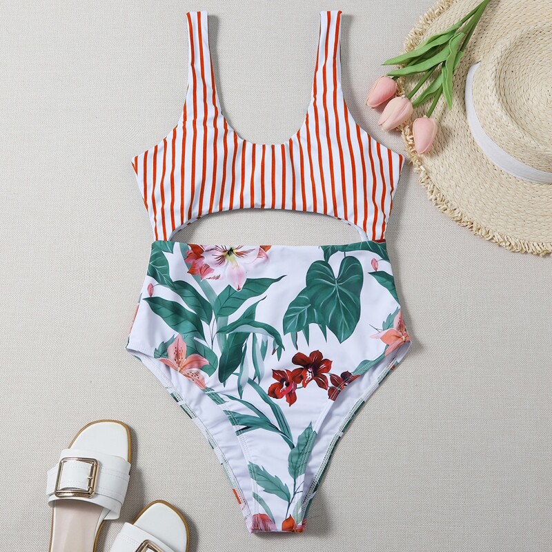 

Striped & Plant Print Cut-out One Piece Swimsuit, Multicolor