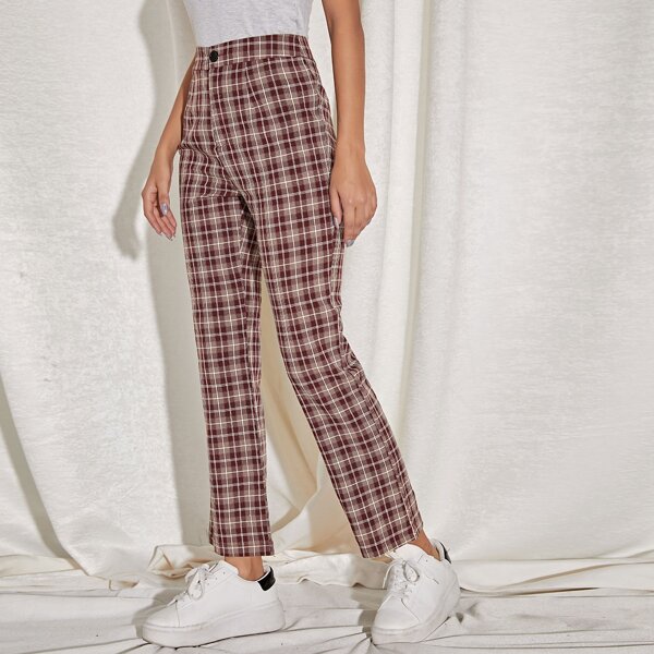 

High Waist Plaid Straight Leg Pants, Burgundy