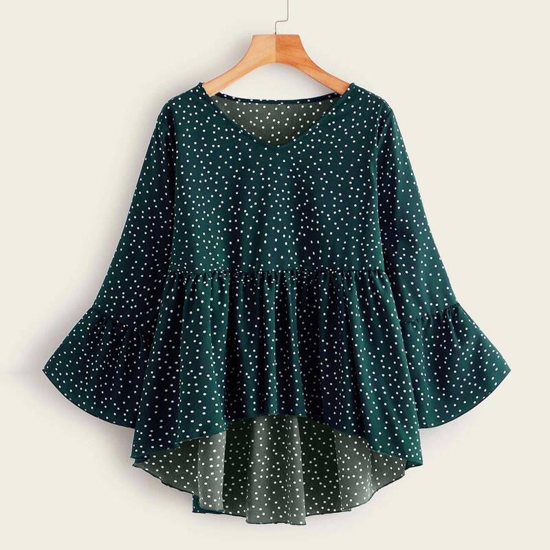 

Polka Dot V Neck High Low Blouse, Dark green