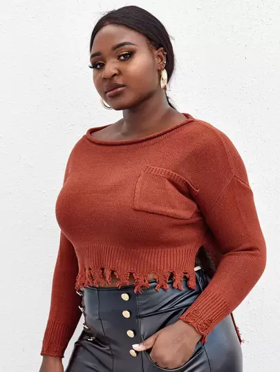 SHEIN Unity Plus Drop Shoulder Distressed Hem Sweater