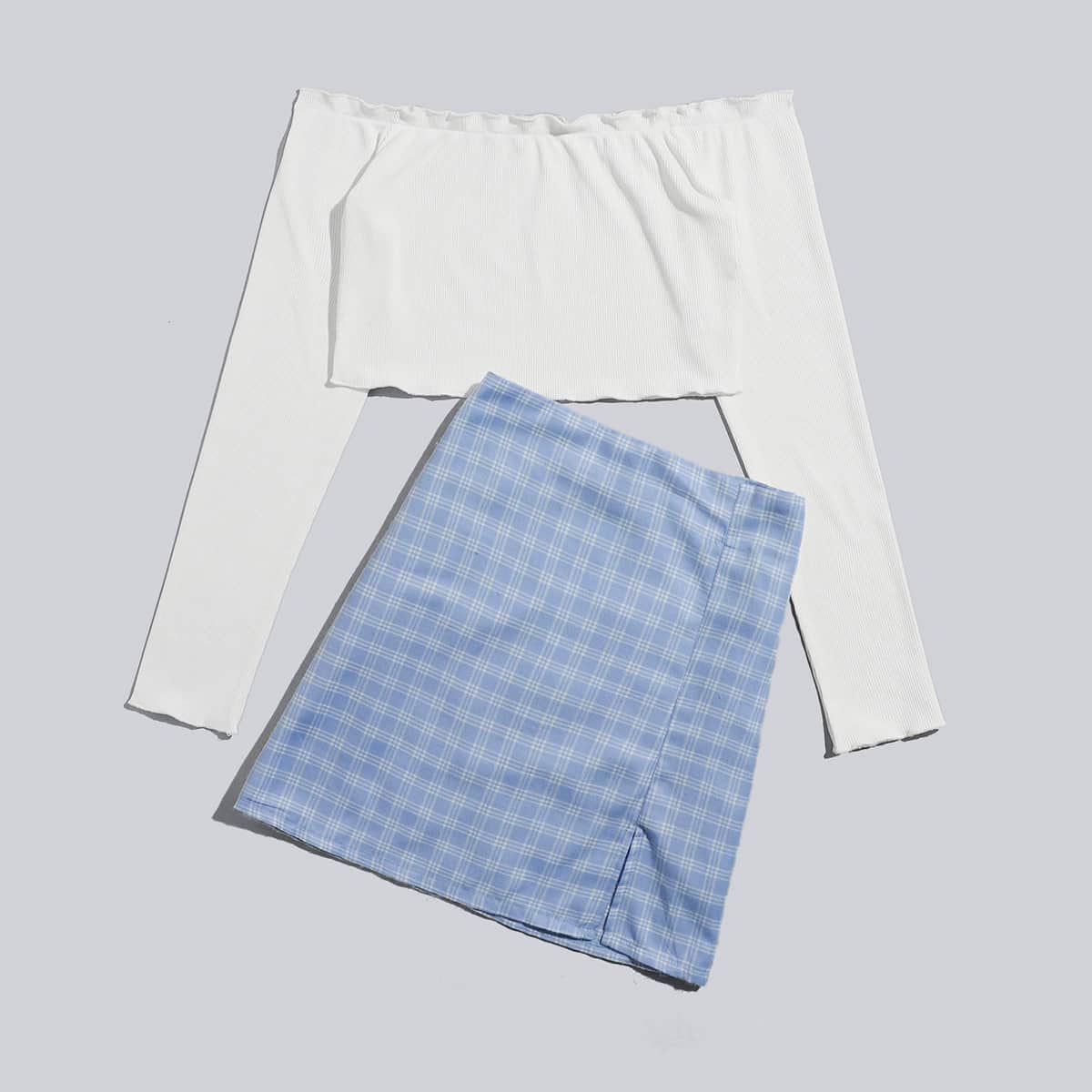 

Solid Lettuce Trim Crop Top & Plaid Split Skirt, Multicolor