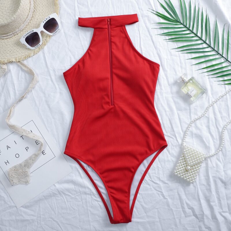 

Rib Zip-up One Piece Swimsuit, Red