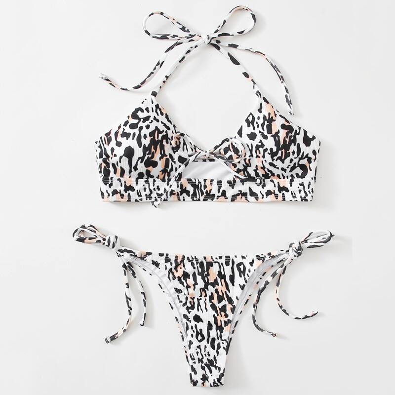 

Leopard Halter Tie Side Bikini Swimsuit, Multicolor
