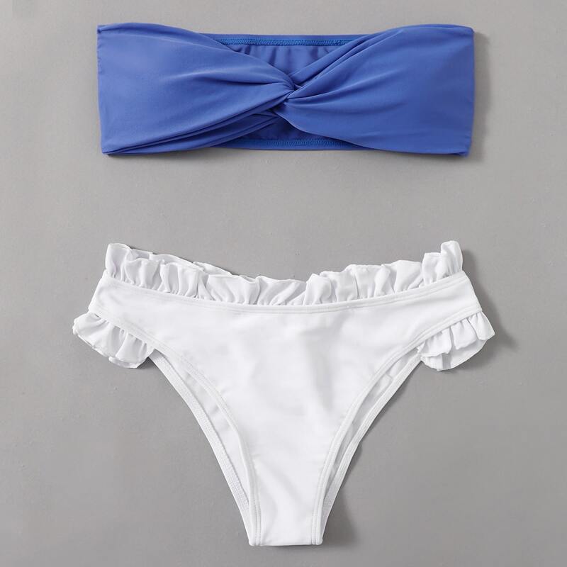 

Twist Front Frill Trim Bikini Swimsuit, Blue and white
