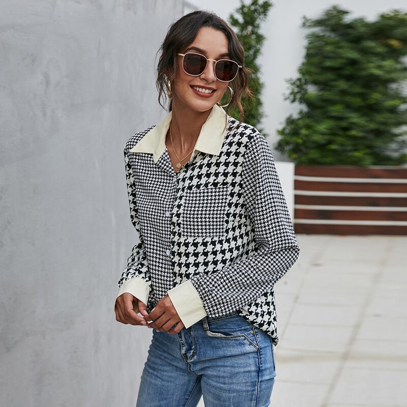 

Houndstooth Pocket Front Button Up Blouse, Black and white