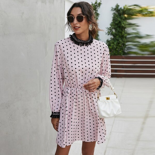 

Tassel Trim Polka Dot Dress, Baby pink