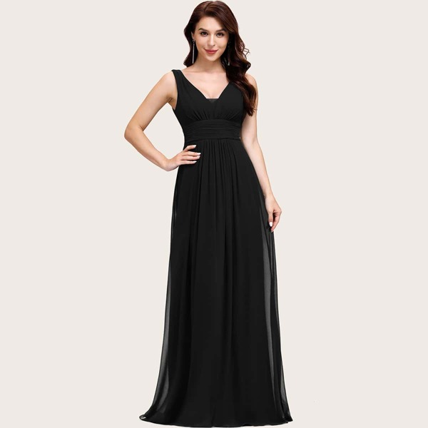

V Back Ruched Empire Waist Maxi Prom Dress, Black