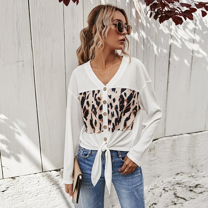 

Waffle Knit Colorblock Button Up Top, White