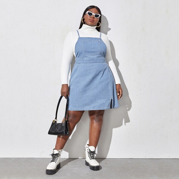 

Plus Split Detail Overall Denim Dress Without Sweater, Light wash