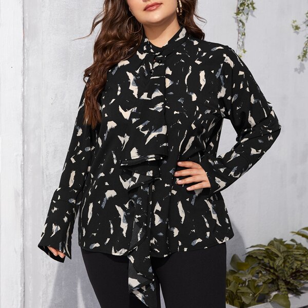 

Plus Allover Print Ruffle Front Blouse, Black