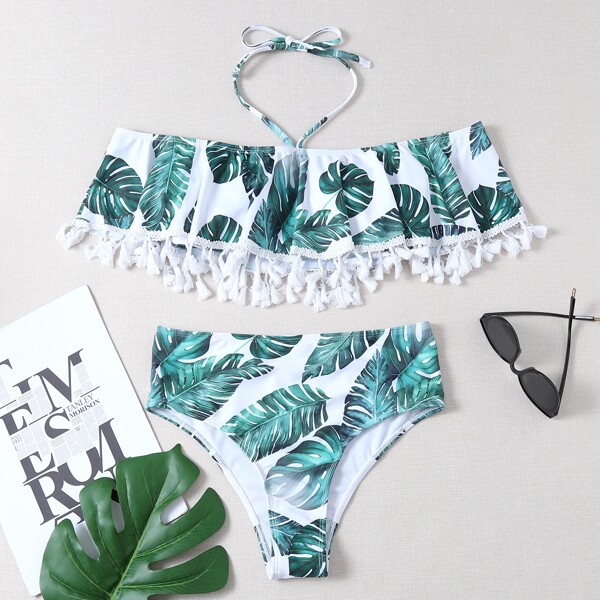 

Tropical Tassel Trim Flounce Bikini Swimsuit, Multicolor