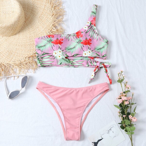 

Floral & Tropical Cut-out One Shoulder Bikini Swimsuit, Multicolor