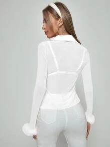 SHEIN ICON Fuzzy Cuff Sheer Mesh Shirt Without Bra - White - View 2