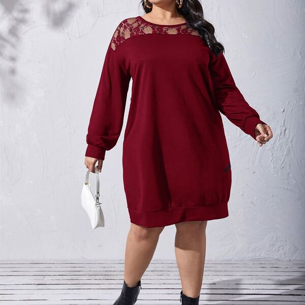 

Plus Lace Yoke Solid Sweatshirt Dress, Burgundy
