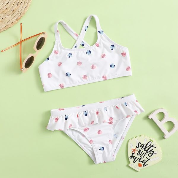 

Toddler Girls Fish Print Ruffle Bikini Swimsuit, White