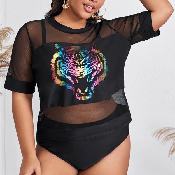 

Plus Tiger Print Mesh Cover Up, Black