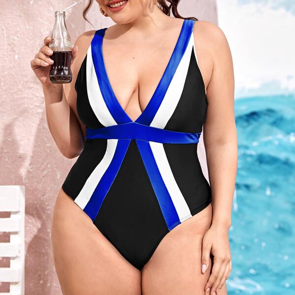 

Plus Color Block One Piece Swimsuit, Multicolor