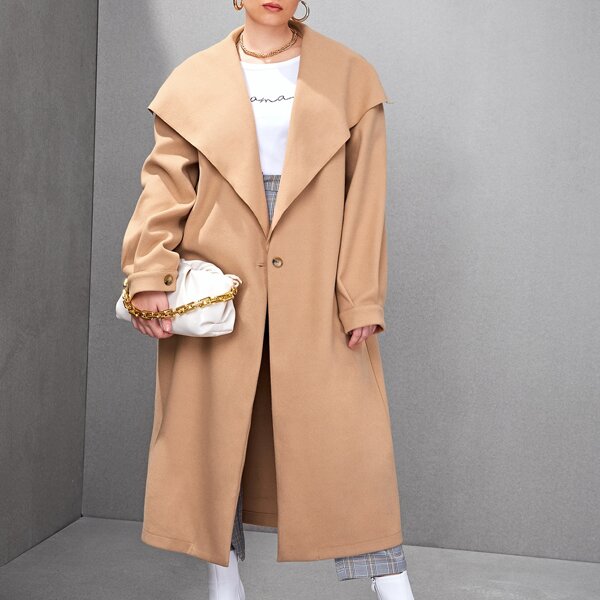 

Plus Waterfall Collar Single Button Overcoat, Khaki