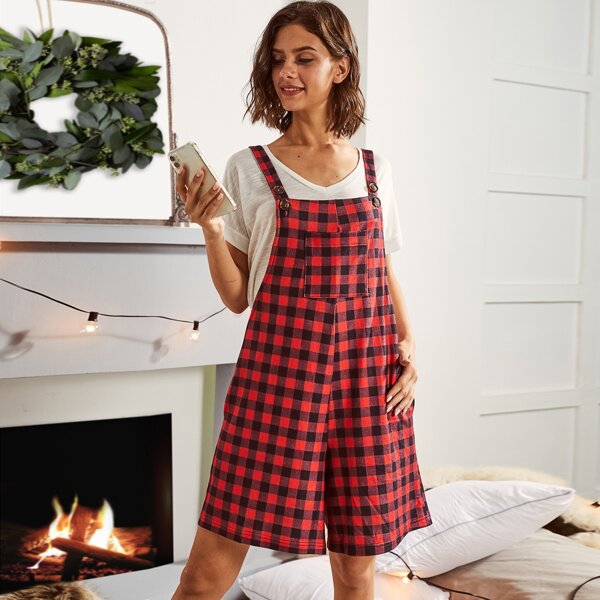 

LUUKSE Patch Pocket Gingham Cami Romper, Multicolor